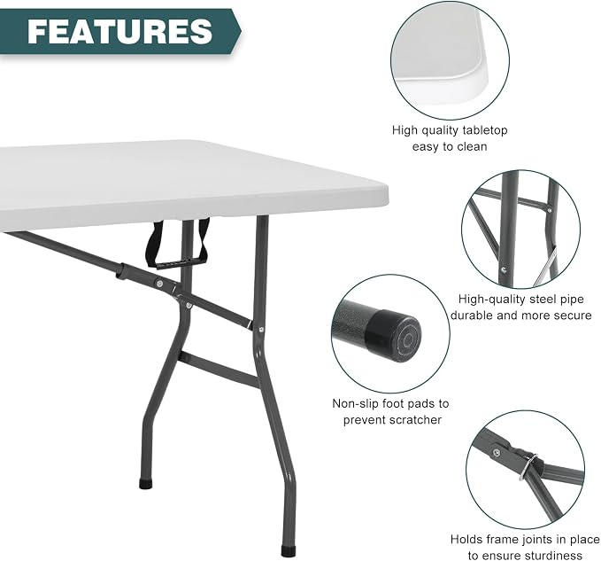 FDW | 6FT Folding Table | White | Portable Plastic Table | with Carry Handle | Waterproof & Foldable Table Design | Steel Frame with Lock | for Events, Camping, Indoor & Outdoor Use