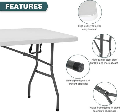 FDW | 6FT Folding Table | White | Portable Plastic Table | with Carry Handle | Waterproof & Foldable Table Design | Steel Frame with Lock | for Events, Camping, Indoor & Outdoor Use
