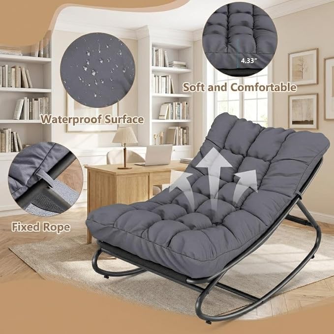 Garvee Outdoor Papasan Rocking Chair, Oversized Metal Frame Egg Rocker with Thick Waterproof Cushion, 450 lbs, Comfy Lounge for Patio, Porch, Garden, Living Room, Dark Gray