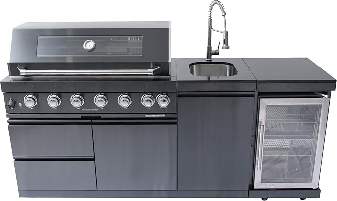 43-Inch Modular Outdoor Kitchen Grill with 6 Stainless Steel Burners 85000 BTU, Deluxe BBQ Station with Granite Countertop, Rotisserie Kit, 304 Stainless Steel Sink, Portable Refrigerator (Black)