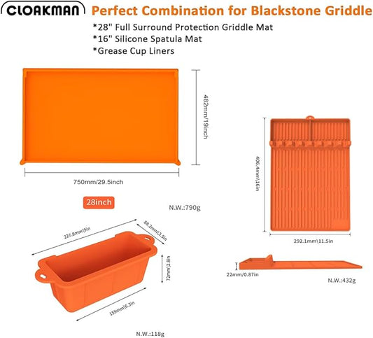 Full-Edge 28" Silicone Griddle Cover, with 16" Silicone Spatula Mat and Grease Cup Liners, Compatible with Blackstone Griddle, Perfect All-Season Outdoor Protection Combination