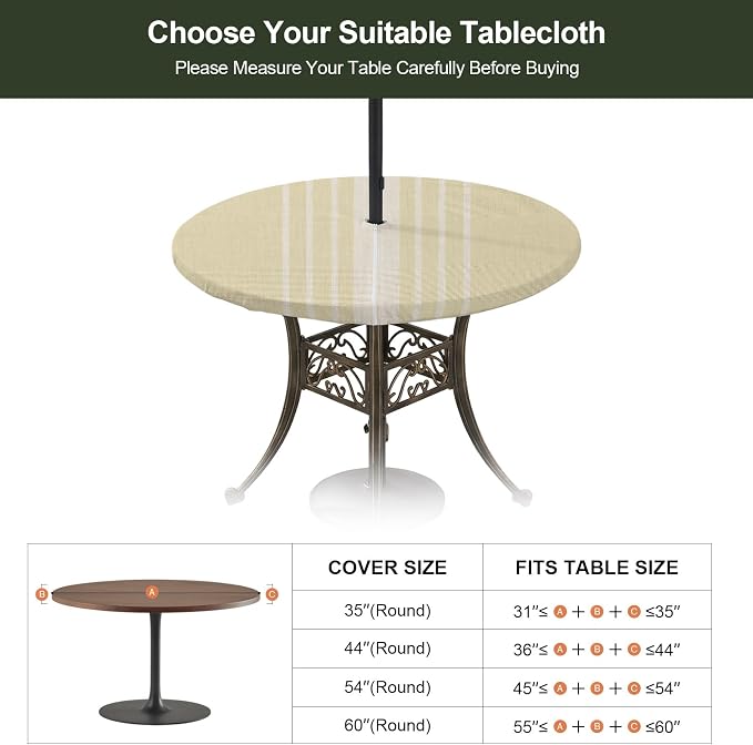 Outdoor Fitted Tablecloth with Umbrella Hole and Zipper, Vintage Yellow Beige Striped Elastic Round Patio Table Cover, Farmhouse Retro Lines Modern Table Protector for Backyard BBQ Party 55''-60''