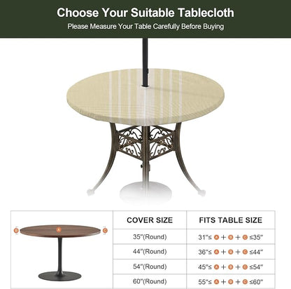 Outdoor Fitted Tablecloth with Umbrella Hole and Zipper, Vintage Yellow Beige Striped Elastic Round Patio Table Cover, Farmhouse Retro Lines Modern Table Protector for Backyard BBQ Party 36''-44''