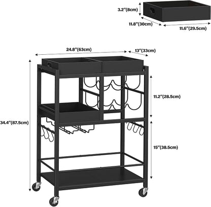 TUTOTAK Bar Cart with Wheels, Drink Cart with Wine Rack and Glass Holder | 3-Tier 24.8 Inch Wide Home Bar Serving Carts, Small Mobile Kitchen Shelf with 6 Hooks, Black BC01BK037