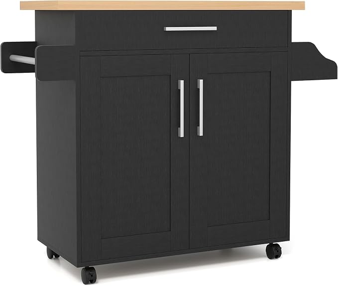 COSTWAY Kitchen Island On Wheels, Rolling Storage Trolley Cart | with Large Cabinet, Drawer, Spice Rack and Towel Rack, Kitchen Serving Utility, 3-Position Adjustable Shelf (Black)