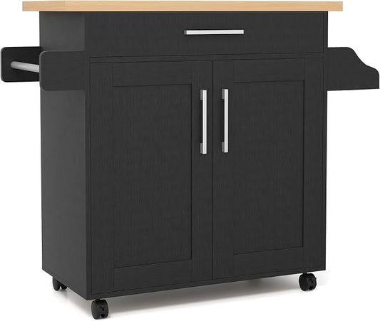COSTWAY Kitchen Island On Wheels, Rolling Storage Trolley Cart | with Large Cabinet, Drawer, Spice Rack and Towel Rack, Kitchen Serving Utility, 3-Position Adjustable Shelf (Black)