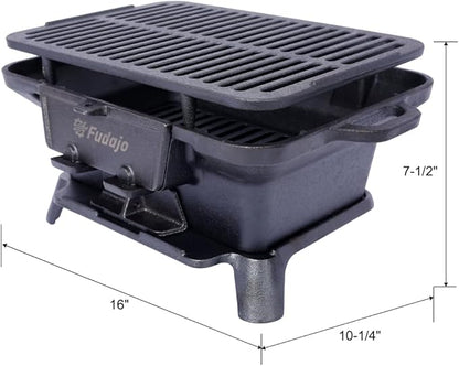 Oval Cast Iron Grill Outdoor, Portable Charcoal Grill and Tabletop Cast Iron Skillet - 100% Cast Iron, Enameled, Durable, Small Charcoal Grill, Camping Stove(Black + Iron + Style 2)