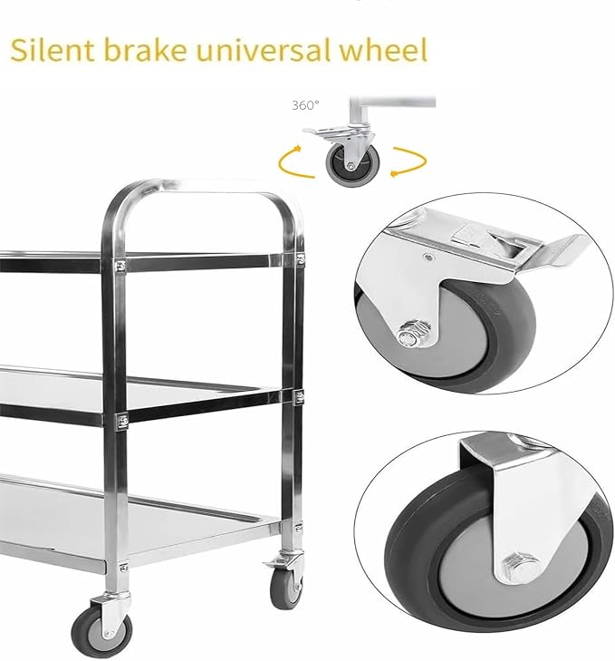 Nisorpa 3 Tier Kitchen Rolling Cart, Stainless Steel, L30 x W16 x H33 Inch | Utility Cart with Wheels, Serving Trolley, Catering Storage Shelf, 2 Lockable Wheels, For Hotel, Restaurant, Home Use