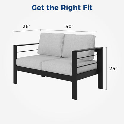 Wisteria Lane Aluminum Outdoor Sofa, 2 Seats Patio Couch All-Weather Rust-Proof Modern Metal Patio Furniture with 5" Thick Olefin Cushions, Light Grey