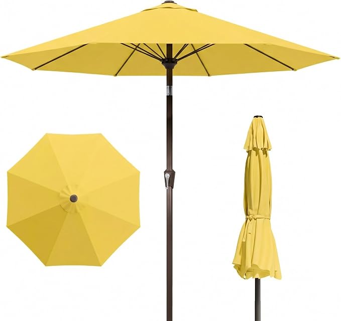 9FT Patio Umbrella Outdoor Table Umbrella w/Push Button Tilt and Crank, 8 Sturdy Ribs, UV Resistant Waterproof Market Umbrella for Pool, Deck, Backyard, Garden, Sunshine Yellow