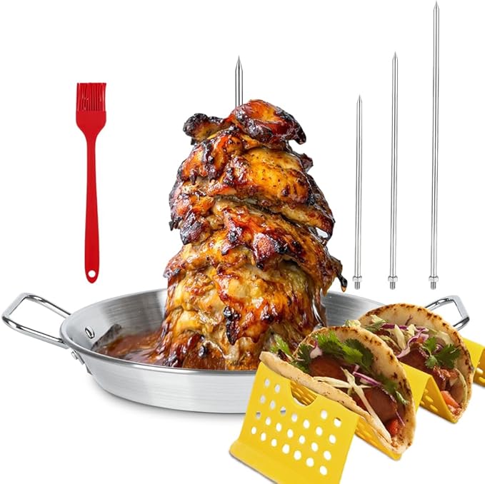 Vertical Skewer Pan Stainless Steel Gyro Pan Spit Shawarma Stand for oven, Al Pastor Skewer for Grill, El Pastor Hack for Tacos Al Pastor Chicken, Brazilian, with 8",10",12" stick