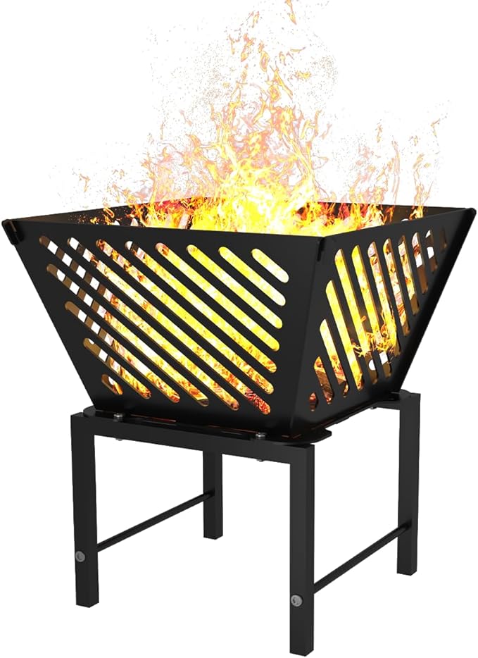 Mondazie Outdoor Fire Pit — 17 Inch Portable with Storage Bag for Camping, Patio Heating, Picnic and BBQ, Trapezoid Diagonal Hollow, Black