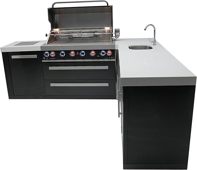 Mont Alpi Premium 94"W x 88"D Black Stainless Steel Modular L-shaped Outdoor Kitchen Island with 2 Refrigerators + Beverage Center Faucet & Sink + 44"W 6-Burner BBQ Grill + Storage Cabinets & Drawers