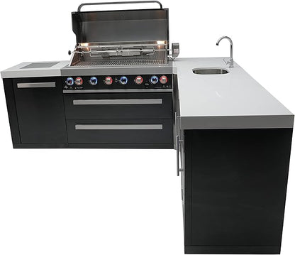 Mont Alpi Premium 94"W x 88"D Black Stainless Steel Modular L-shaped Outdoor Kitchen Island with 2 Refrigerators + Beverage Center Faucet & Sink + 44"W 6-Burner BBQ Grill + Storage Cabinets & Drawers