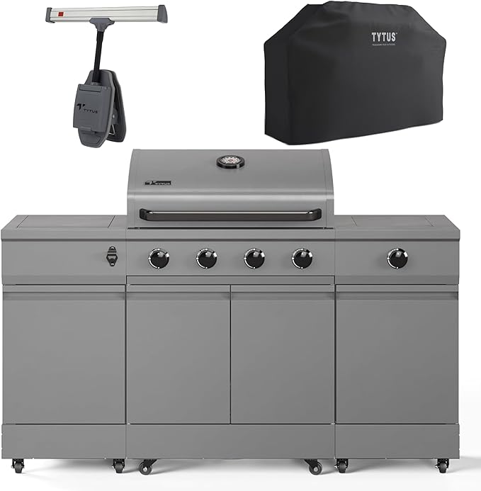 Tytus Fresno 5-Burner Propane or Natural Gas Island Grill – 864 sq. in. Cooking, 48,000 BTU Main + 12,000 BTU Side Burner, Porcelain Grates, Storage Cabinets, Semi-Portable - All Gunmetal Starter Kit