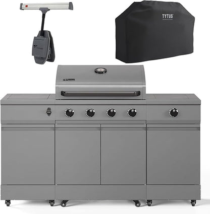 Tytus Fresno 5-Burner Propane or Natural Gas Island Grill – 864 sq. in. Cooking, 48,000 BTU Main + 12,000 BTU Side Burner, Porcelain Grates, Storage Cabinets, Semi-Portable - All Gunmetal Starter Kit