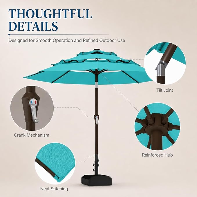 10ft Patio Umbrella, 3-Tier Vented Outdoor Table Umbrella with 8 Sturdy Fiberglass Ribs, Windproof Market Umbrella with Push Button Tilt and Crank, UV Protection for Deck, Pool, Turquoise Blue