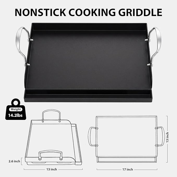 Utheer 17" x 13" Cast Iron Griddle for Gas Grill, Nonstick Coated Flat Top Grill Insert Rated Up to 500°F with Grease Groove and Removable Handles for Gas & Charcoal Grills, Camping, BBQ