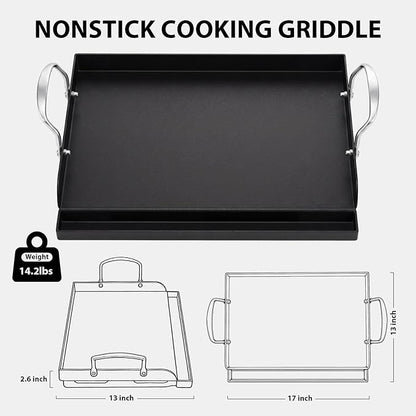 Utheer 17" x 13" Cast Iron Griddle for Gas Grill, Nonstick Coated Flat Top Grill Insert Rated Up to 500°F with Grease Groove and Removable Handles for Gas & Charcoal Grills, Camping, BBQ