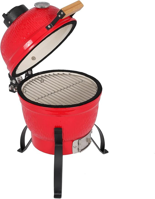13" Grill with Built-in Thermometer, Cast Iron Grates, Bamboo handle, Portable Ceramic Grill with Low Stand for Backyard, Patio, Deck grilling (Orange)