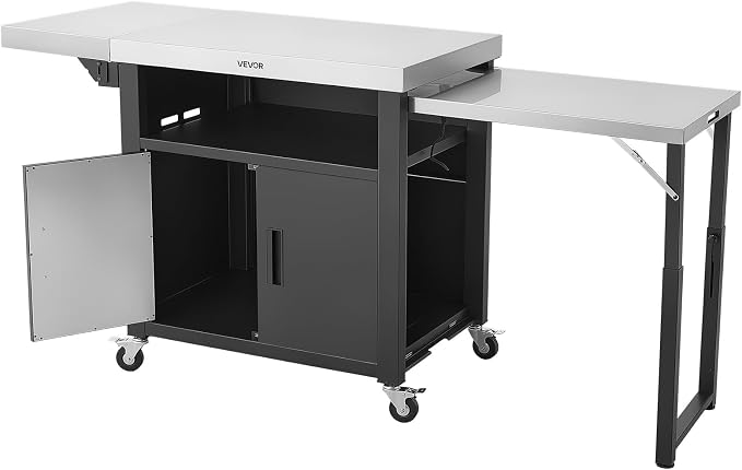 VEVOR Outdoor Grill Cart with Storage Cabinet, 74.8 Inch Grill Table, Waterproof Kitchen Island with Stainless Steel Top, Pull-Out Plate, Wheels, Movable Food Prep Station for Patio Bar Backyard BBQ