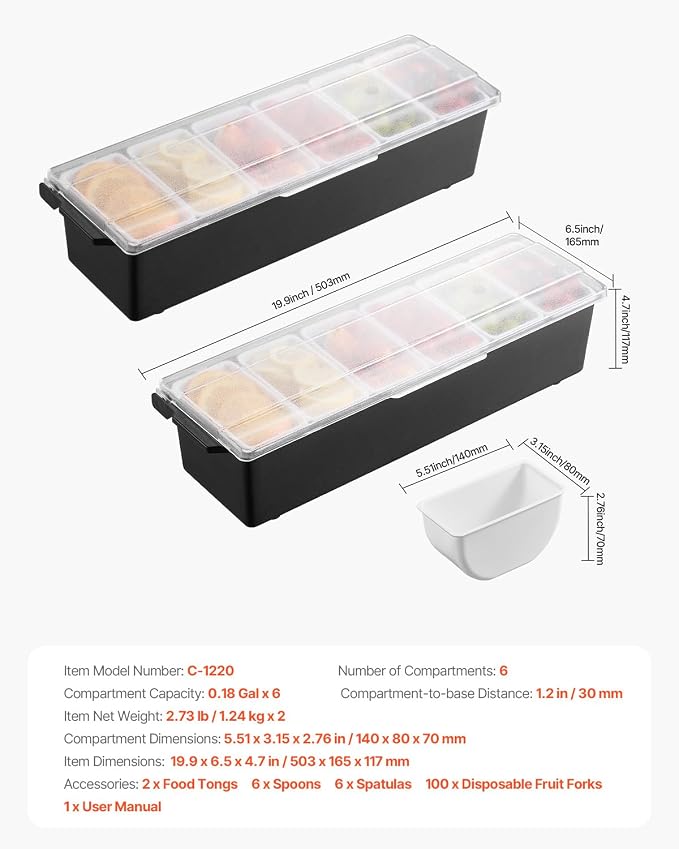 VEVOR Ice Cooled Condiment Serving Container, 6 Compartments Chilled Server, Fruit Veggie Condiment Caddy, Plastic Garnish Station Lid Dispenser Tray, for Bartending & Serving Taco Restaurant Supplies