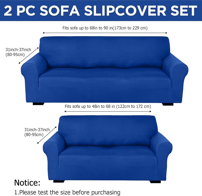 Peryiter 2 Pcs Couch and Loveseat Sofa Covers,Blue,Milk Silk | Armchair Covers for Living Room, Sofa Cushion Slipcover 2/3 Seater, Furniture Protector, Polyester and Spandex, Washable