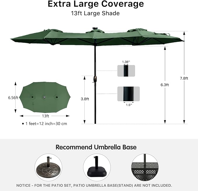 FREE SOLDIER 13ft Patio Umbrella with 36 LED Solar Lights Double Sided Outdoor Umbrella for Patio Table Umbrella with Solar lights for Garden Yard Pool (Dark Green)