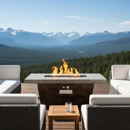 42x24 Inch Rectangle Propane Fire Pit Table 50000 BTU Cement-Imitating Outdoor Patio Heater with Lid & Volcanic Rock, Modern Fire Table for Backyard Garden