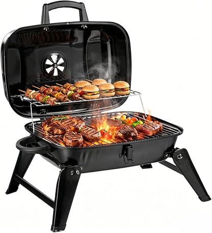 18 inch Portable Barbecue Grill, Foldable Charcoal Grill with 6-Point Locking Lid for Heat Preservation, Small Charcoal Grill for Outdoor Camping, Patio, Tailgating, Travel