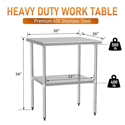 Stainless Steel Table for Prep & Work 30" X 30" inches with Adjustable Undershelf, Commercial Workstations, Utility Table in Kitchen Garage Outdoor BBQ