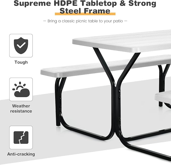 COSTWAY Outdoor Picnic Table, HDPE Plastic Picnic Table Bench Set | Weather Resistant Tabletop & Wood Texture, Ideal for Patio, Backyard (59" D x 54" W x 28.5" H,White)
