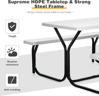 COSTWAY Outdoor Picnic Table, HDPE Plastic Picnic Table Bench Set | Weather Resistant Tabletop & Wood Texture, Ideal for Patio, Backyard (59" D x 54" W x 28.5" H,White)