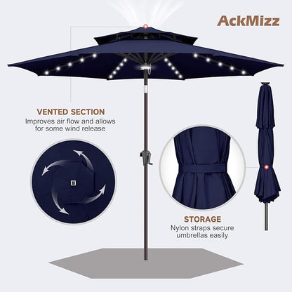 Solar Patio Umbrella Outdoor with Centre Light, 9 ft Navy Blue | 2 Tiers, 40 LED Lights, UV Protection, Solar Outdoor Umbrella for Porch, Deck, Pool, Garden, Provides Evening Lighting