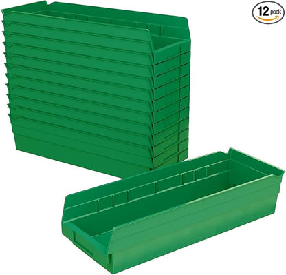 Akro-Mils 30138 Heavy Duty Plastic Shelf Bins, 18"x 6.5"x 4", Green, 12-Pk | Heavy Duty Nesting Storage Bins for Garage, Closet, Refrigerator, Kitchen, Cabinet, Drawer Organization, Pantry Organization