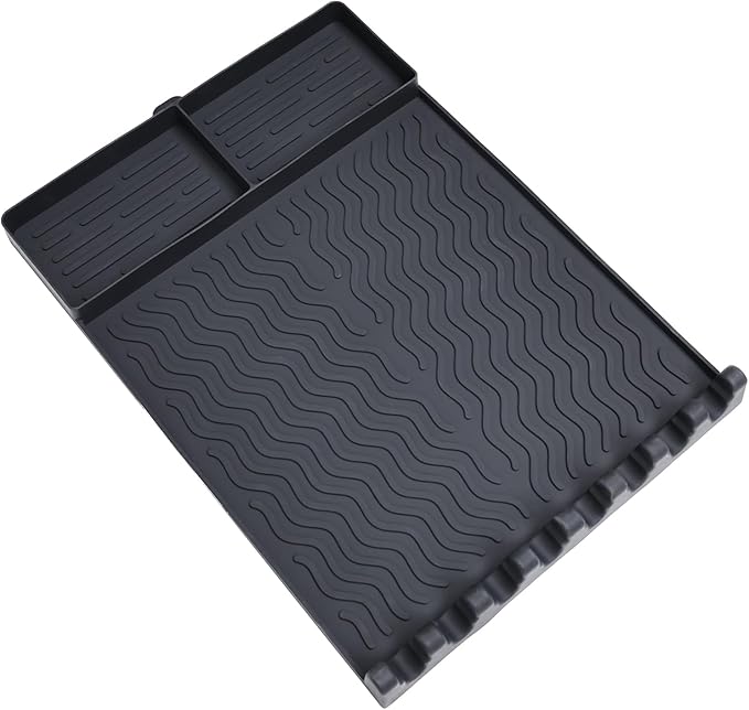 Full-Size Silicone Griddle Mat for Flat Top Grills, Heat Resistant Spatula Holder with Grease Drip Pan, Outdoor Cooking Counter Protector, Black
