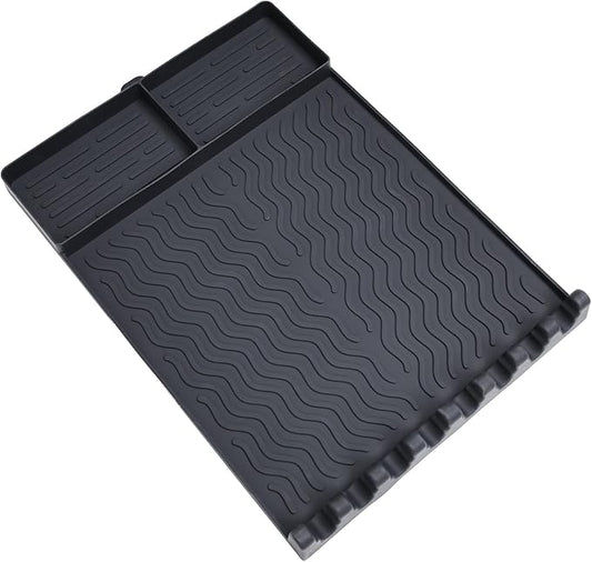 Full-Size Silicone Griddle Mat for Flat Top Grills, Heat Resistant Spatula Holder with Grease Drip Pan, Outdoor Cooking Counter Protector, Black