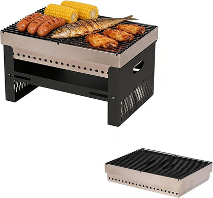 Portable Charcoal Grill, Small Tabletop BBQ, Foldable Mini Hibachi, Stainless Steel Camping Grill, Compact Outdoor Cooker for Picnic, Tailgating