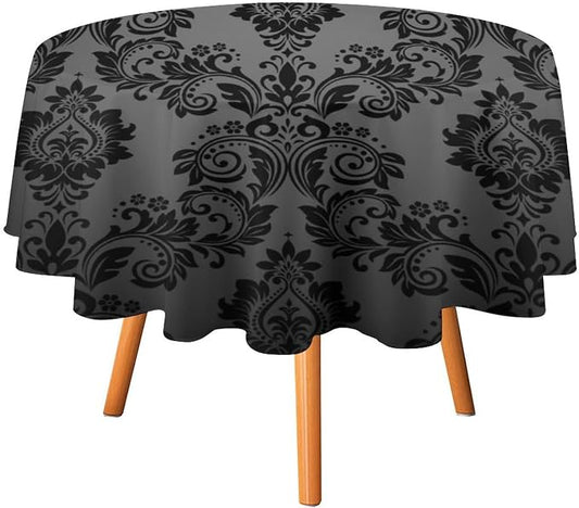 Gothic Black Damask Round Tablecloth, Vintage Floral Exotic Bohemian Antique Victorian Table Cloth Water Resistant Table Cover for Farmhouse Party Holiday Kitchen Dinner Table 36"