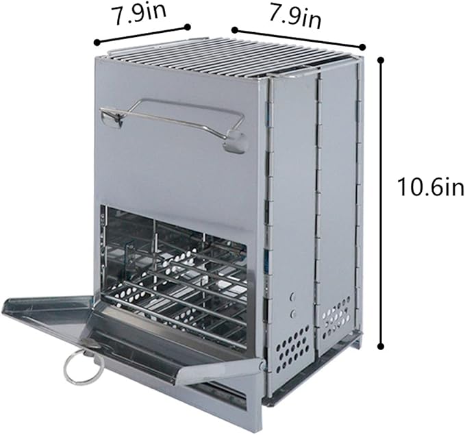Stainless steel folding grill, portable square BBQ grill, integrated outdoor mini charcoal stove, wood stove, for backpacking and outdoor cooking (4 sizes) (7.9x7.9x10.6)
