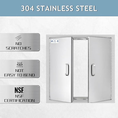 Hally BBQ Access Door 24" W x 24" H of 304 Stainless Steel Double Doors with 2 Detachable Handles and 4 Hooks, Outdoor Kitchen Doors for BBQ Island, Grilling Station, Outdoor Cabinet
