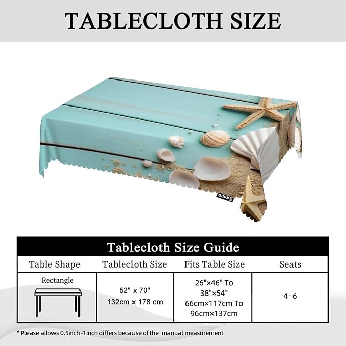 Swono Seashells Tablecloth Ocean Sand Starfish Seashells On Wooden Decorative Table Cover for Kitchen, Dinner Room, Party Banquet and Holiday Tablecloth, 52x70 Inch(4-6 Seats)