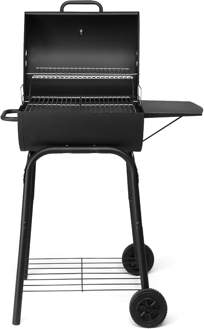 Barrel Charcoal Grill with Side Table, Outdoor Large BBQ Grill with Wheels, Cooking Space for Backyard, Patio, Camping, Beach and Parties