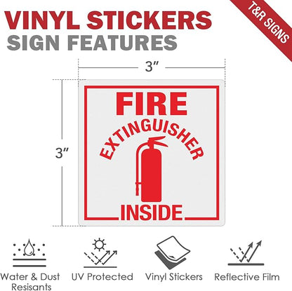 T&R Fire Extinguisher Inside Sign Stickers - 10 Pack - 3" x 3" Self-Adhesive Vinyl Reflective, UV resistant, Waterproof, Fade and Scratch Resistant, Suitable for Vehicles Indoor and Outdoor (Square)