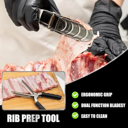 Rib Membrane Removal Tool Set - 2.5mm 304 Stainless Steel Rib Prep Tool with Ergonomic Grip, BBQ Rib Membrane Remover, Chicken Tendon Tool + Tweezers & Gloves for Meat Prep