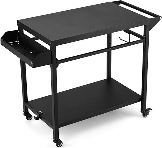 GarveeLife Outdoor Grill Cart, Pizza Oven Stand Table with Lockable Wheels for Outside Patio, Heavy Duty Movable Outdoor Cooking Prep Table BBQ Smoker Cart for Backyard, Camping and Parties, Black