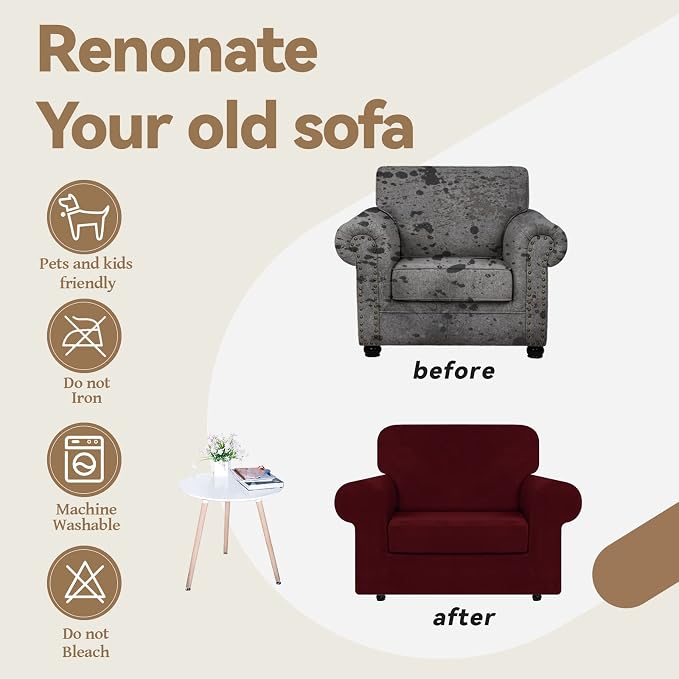 WEERRW Velvet Stretch 2 Pieces Chair Sofa Slipcovers Washable, Burgundy | Armchair Slipcovers Luxury Soft Velvet Plush Furniture Protector Couch Cover with Elastic Bottom for Kids Pets, Small