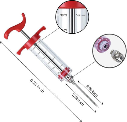 Plastic Meat Injector Syringe, Turkey Injection Kit with 2 Stainless Steel Needles for Injecting Marinade into Turkey Chicken Meat Brisket Pork, Ideal for Smoking BBQ Grill, Red 1oz