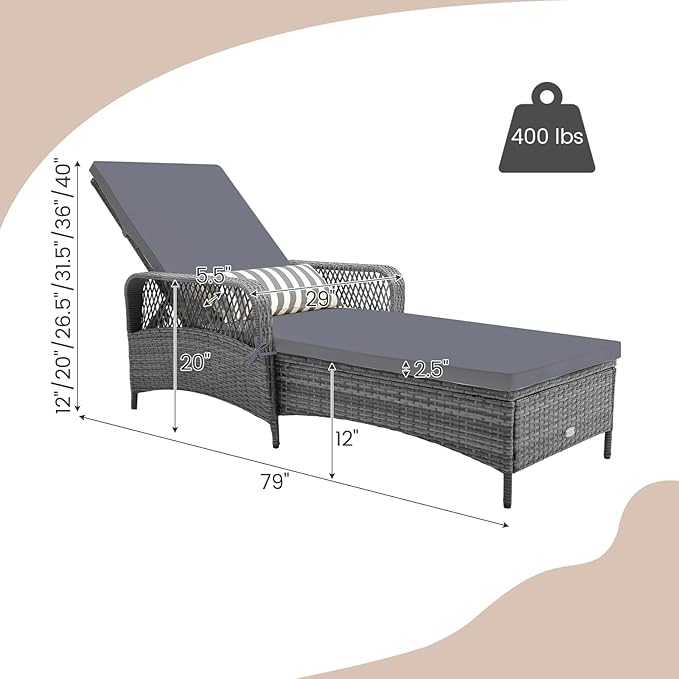 Tangkula Wicker Chaise Lounge Outdoor Set of 2, Patio Rattan Reclining Chaise with 6-Gear Adjustable Backrest, Thick Padded Cushion & Removable Lumbar Pillow, Pool Lounge Chairs (Grey)