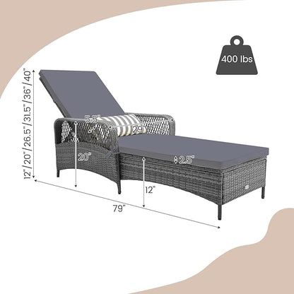 Tangkula Wicker Chaise Lounge Outdoor Set of 2, Patio Rattan Reclining Chaise with 6-Gear Adjustable Backrest, Thick Padded Cushion & Removable Lumbar Pillow, Pool Lounge Chairs (Grey)